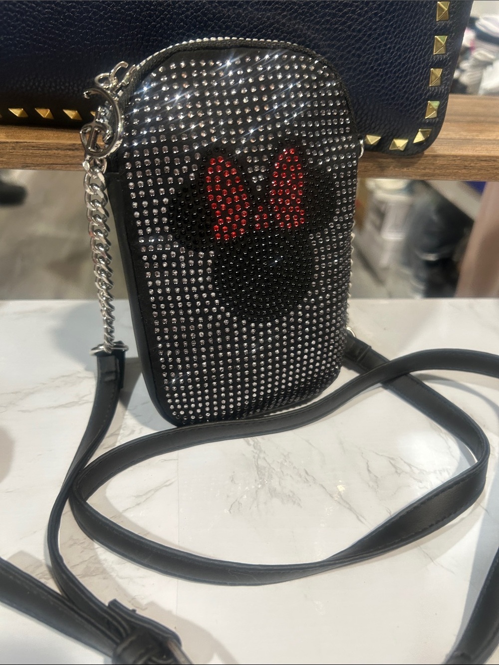 Disney Minnie Mouse Rhinestone Crossbody Phone Bag Black Red Sparkle